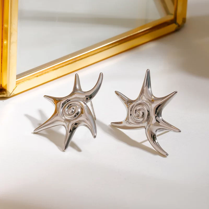 Steel Color Stainless Steel Irregular Starfish Spiral Earrings Trendy Stud Stylish Neutral Decoration - Image 4