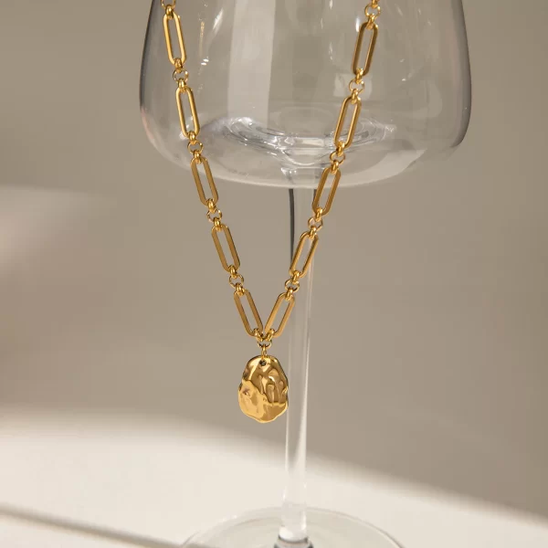 18k Gold Stainless Steel Simple Hammered Special Shaped Steel Bead Pendant Necklace 42+5cm