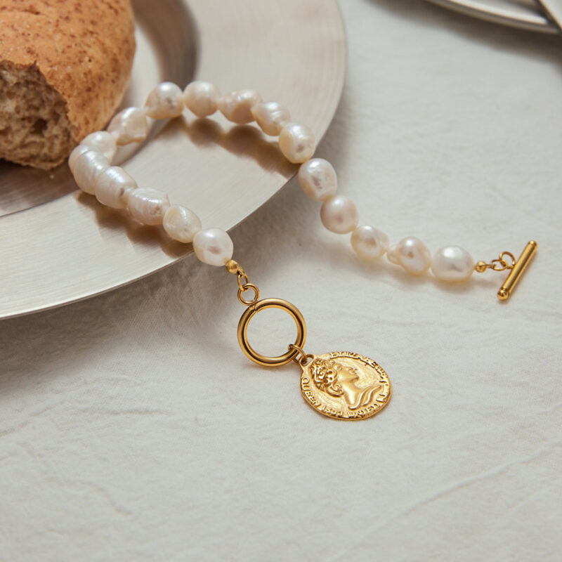 18K Gold Stainless Steel Coin Bracelet - Freshwater Pearl OT Clasp Chain, 20cm Vacation Jewelry for Women - Image 4