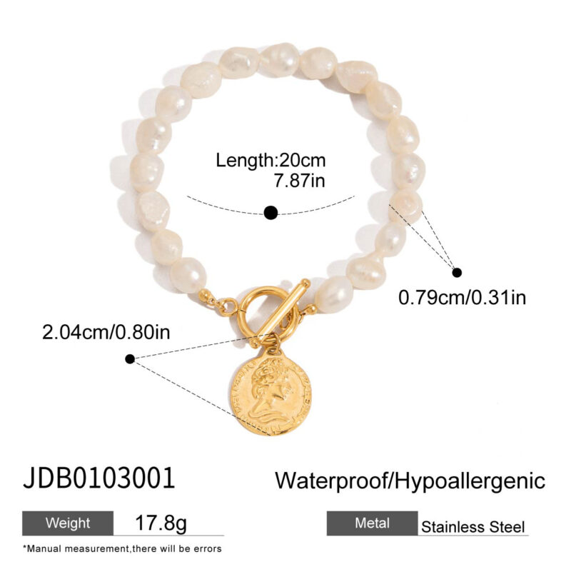 18K Gold Stainless Steel Coin Bracelet - Freshwater Pearl OT Clasp Chain, 20cm Vacation Jewelry for Women - Image 5