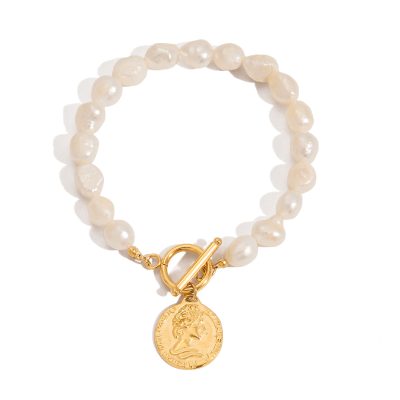 18K Gold Stainless Steel Coin Bracelet - Freshwater Pearl OT Clasp Chain, 20cm Vacation Jewelry for Women