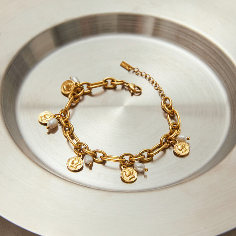 18K Gold Stainless Steel Coin Bracelet - Freshwater Pearl Pendant Chain, 16+3cm Vacation Jewelry for Women - Image 3