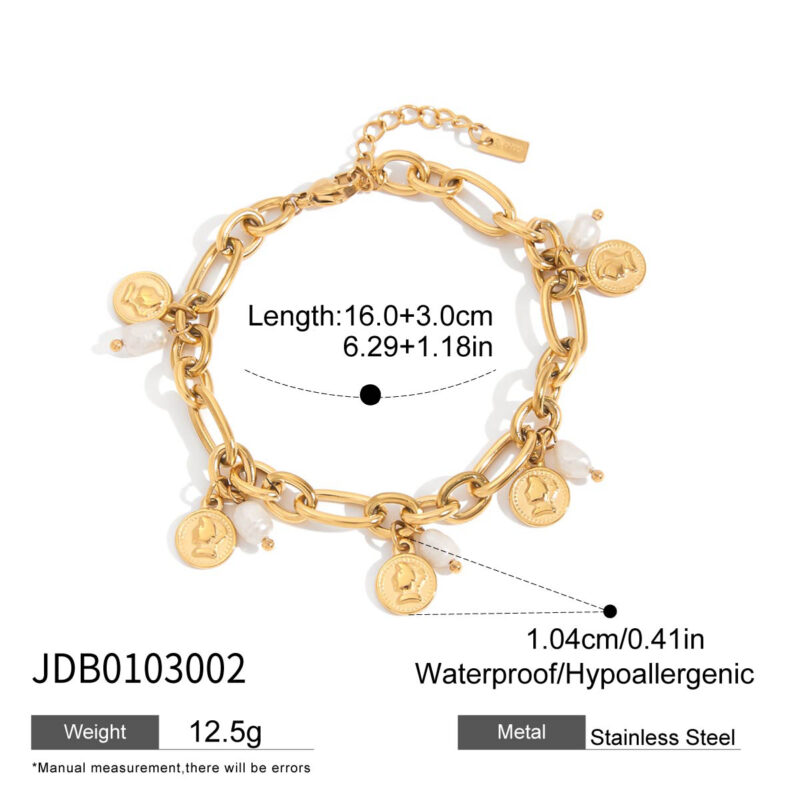 18K Gold Stainless Steel Coin Bracelet - Freshwater Pearl Pendant Chain, 16+3cm Vacation Jewelry for Women - Image 5