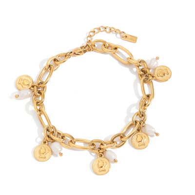 18K Gold Stainless Steel Coin Bracelet - Freshwater Pearl Pendant Chain, 16+3cm Vacation Jewelry for Women
