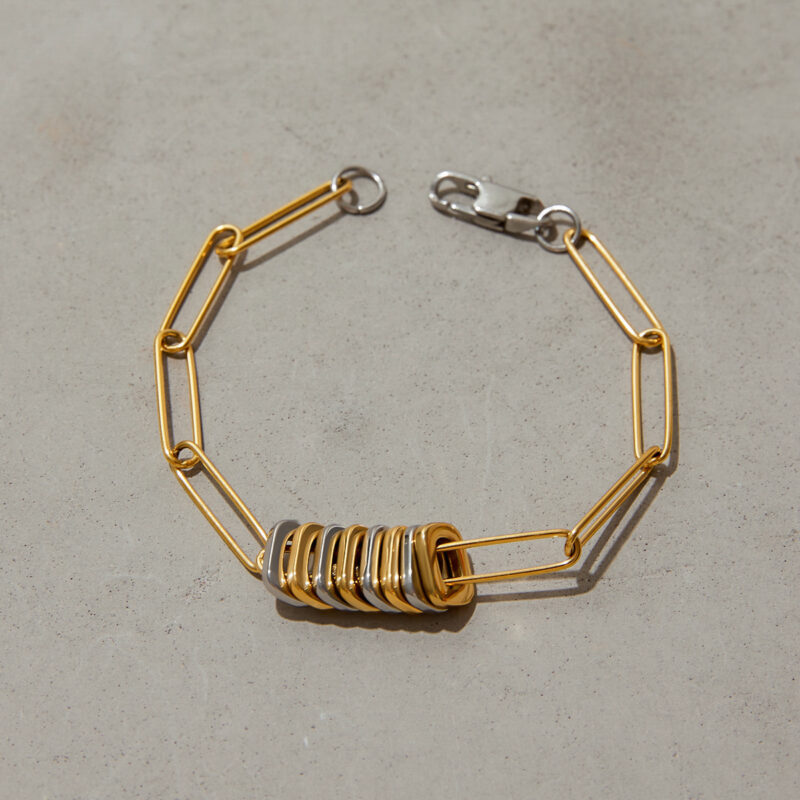 J&D Modern Minimalist Two-Tone Bracelet 18K Gold Stainless Steel Button Paperclip Chain Stackable Jewelry Gift - Image 2
