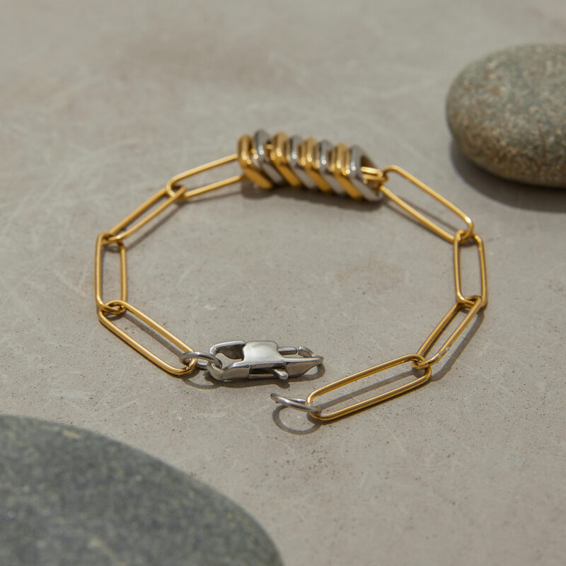 J&D Modern Minimalist Two-Tone Bracelet 18K Gold Stainless Steel Button Paperclip Chain Stackable Jewelry Gift - Image 3
