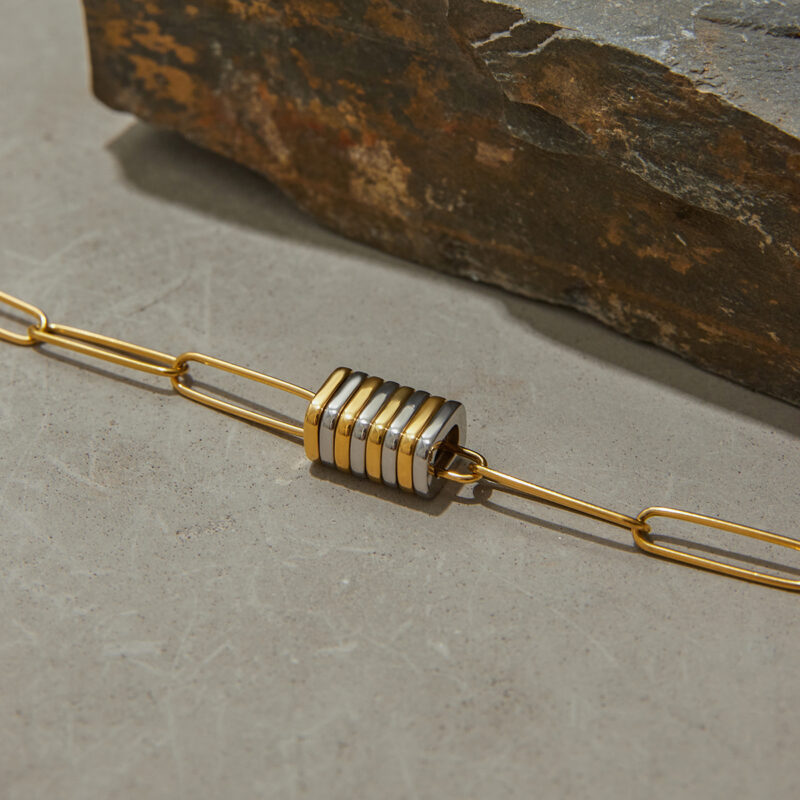 J&D Modern Minimalist Two-Tone Bracelet 18K Gold Stainless Steel Button Paperclip Chain Stackable Jewelry Gift - Image 4