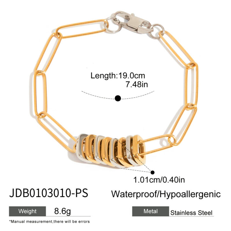 J&D Modern Minimalist Two-Tone Bracelet 18K Gold Stainless Steel Button Paperclip Chain Stackable Jewelry Gift - Image 5