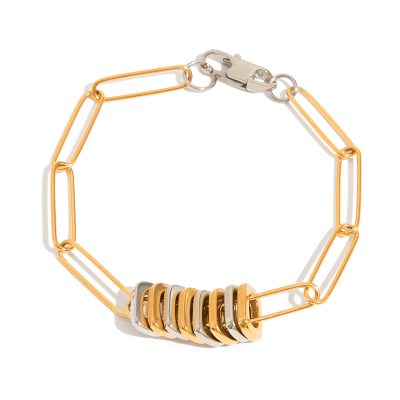 J&D Modern Minimalist Two-Tone Bracelet 18K Gold Stainless Steel Button Paperclip Chain Stackable Jewelry Gift