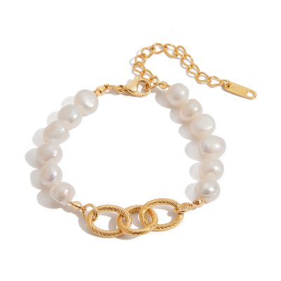 J&D Elegant Graceful 18K Gold and Stainless Steel Freshwater Pearl Thread Ring Bracelets