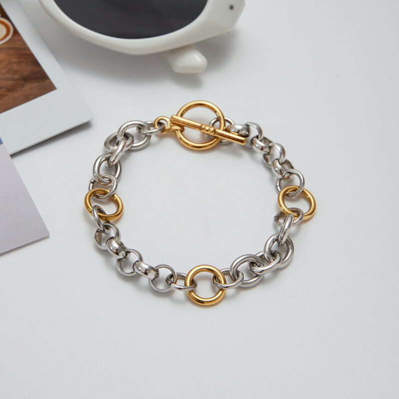 18K Gold Stainless Steel Circle Chain Bracelet - Two-Tone Gold & Silver OT Clasp, Minimalist Jewelry 20cm - Image 3