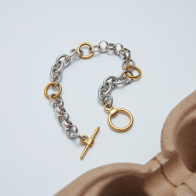 18K Gold Stainless Steel Circle Chain Bracelet - Two-Tone Gold & Silver OT Clasp, Minimalist Jewelry 20cm - Image 2