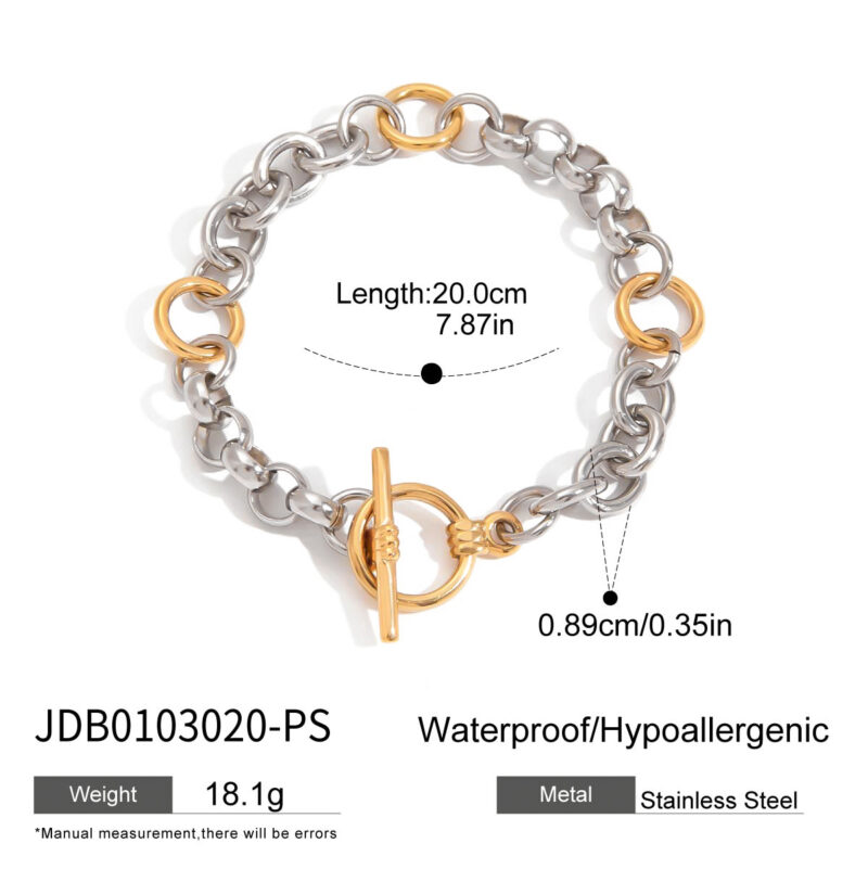 18K Gold Stainless Steel Circle Chain Bracelet - Two-Tone Gold & Silver OT Clasp, Minimalist Jewelry 20cm - Image 6