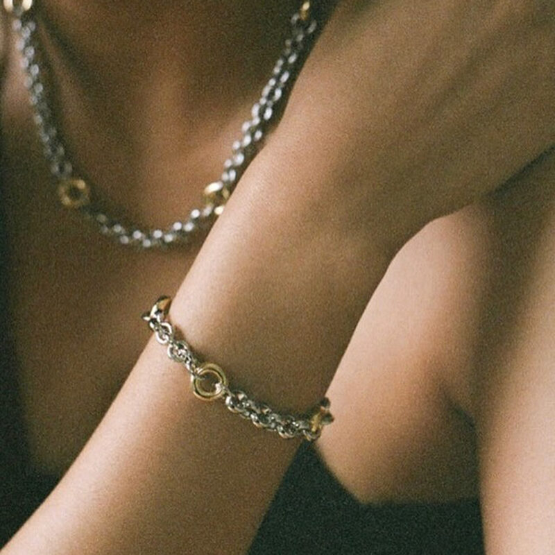 18K Gold Stainless Steel Circle Chain Bracelet - Two-Tone Gold & Silver OT Clasp, Minimalist Jewelry 20cm - Image 5