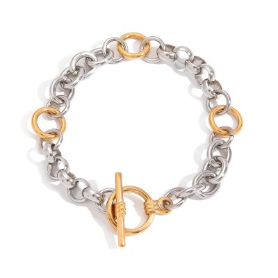 18K Gold Stainless Steel Circle Chain Bracelet - Two-Tone Gold & Silver OT Clasp, Minimalist Jewelry 20cm