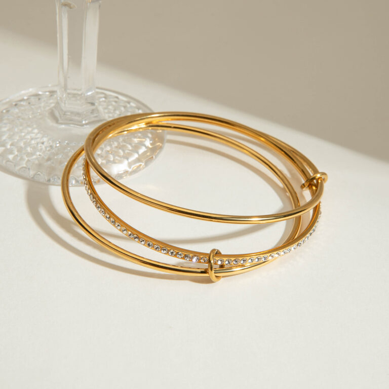 Classic 18K Gold Stainless Steel Zirconia Bangle - Multi-Layer Minimalist Wide Cuff Bracelet with White Zircon for Women - Image 7