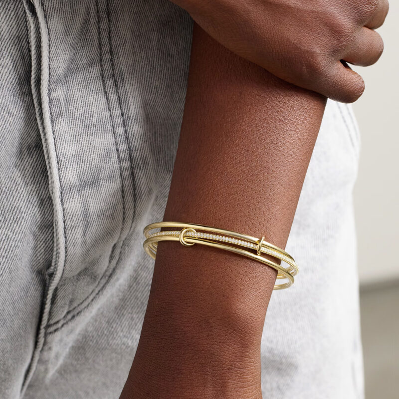 Classic 18K Gold Stainless Steel Zirconia Bangle - Multi-Layer Minimalist Wide Cuff Bracelet with White Zircon for Women - Image 4