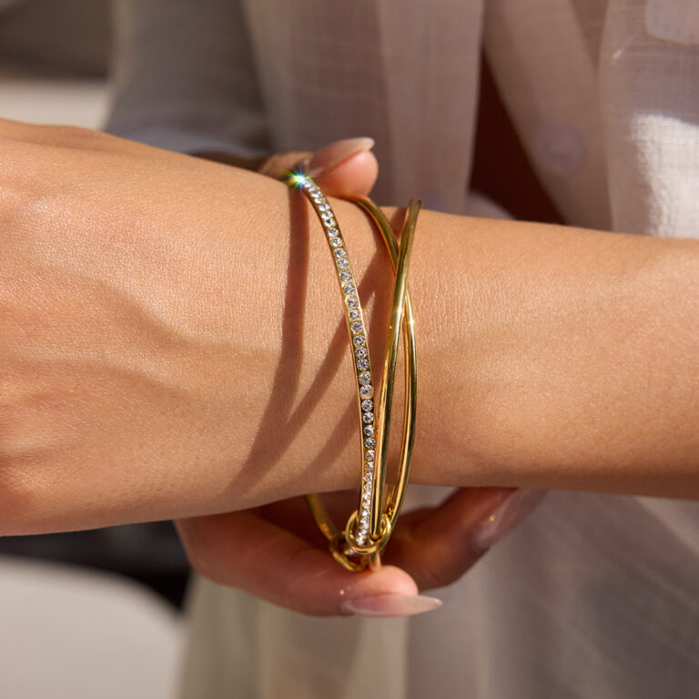 Classic 18K Gold Stainless Steel Zirconia Bangle - Multi-Layer Minimalist Wide Cuff Bracelet with White Zircon for Women - Image 3