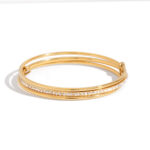 Classic 18K Gold Stainless Steel Zirconia Bangle - Multi-Layer Minimalist Wide Cuff Bracelet with White Zircon for Women