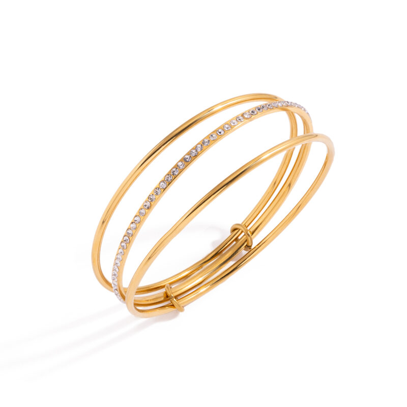 Classic 18K Gold Stainless Steel Zirconia Bangle - Multi-Layer Minimalist Wide Cuff Bracelet with White Zircon for Women - Image 2
