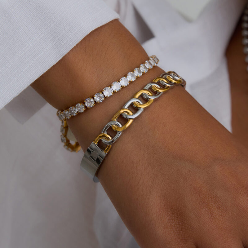 J&D 18K Gold Plate Stainless Steel Bangle Wrist Jewelry Fashionable Luxury Elegant Rhinestone Bracelet - Image 5