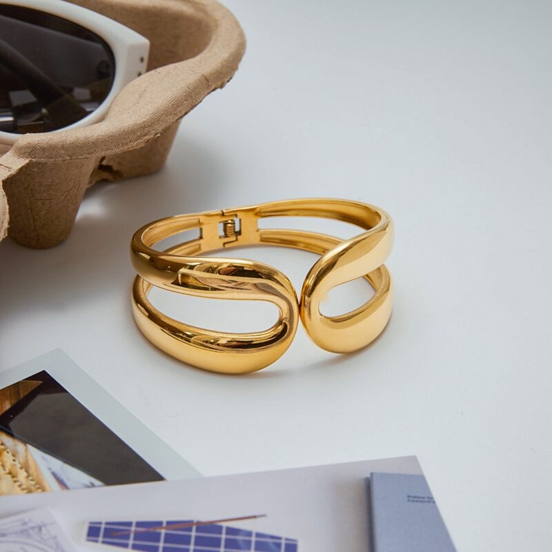 J&D Classic Stainless Steel Gold Plated Hollow Bracelet Sustainable Everyday Luxury Timeless Geometric Stackable Rings Jewelry - Image 2