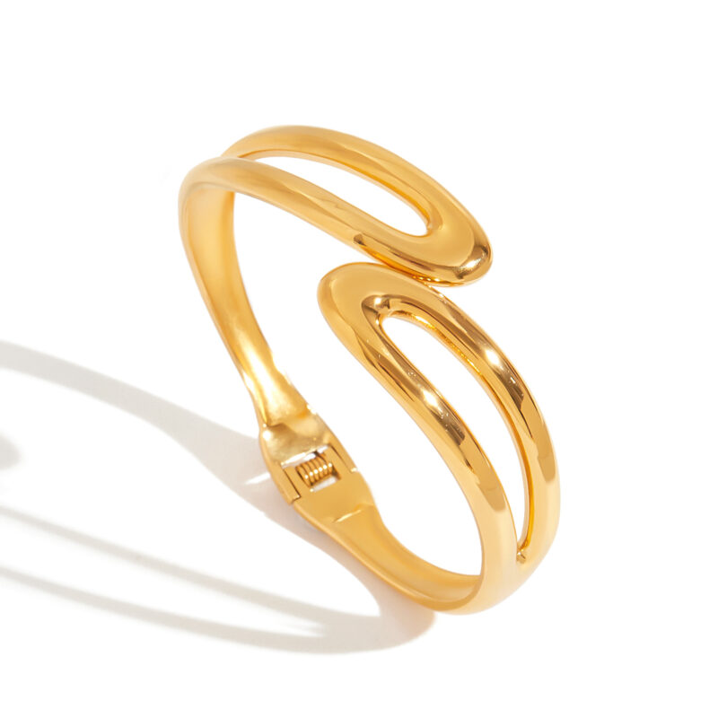 Classic 18K Gold Stainless Steel Double Layer Hollow Spring Open Bangle Bracelet for Women - Image 2