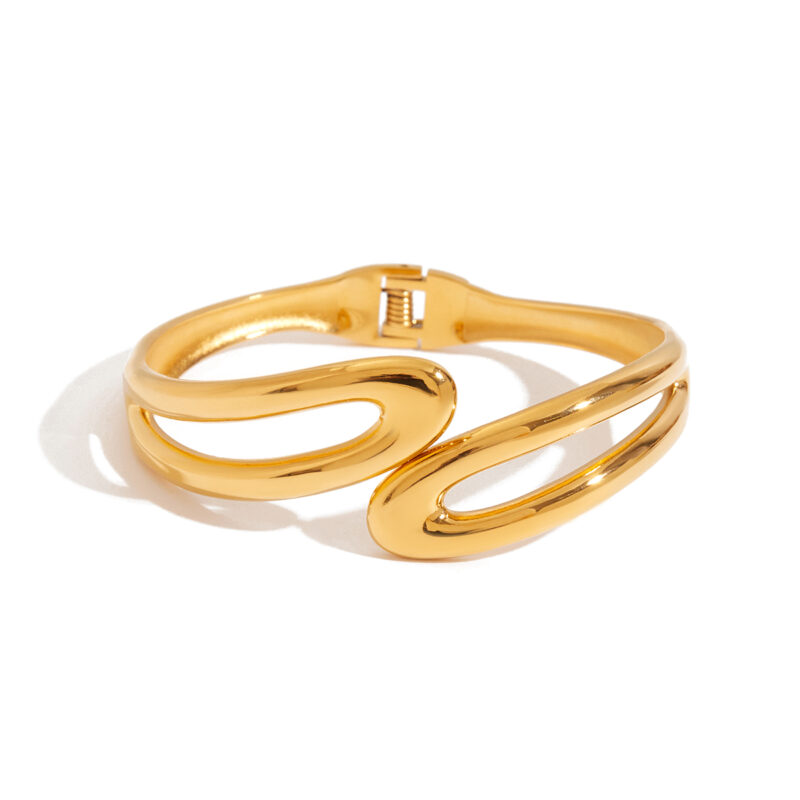 Classic 18K Gold Stainless Steel Double Layer Hollow Spring Open Bangle Bracelet for Women