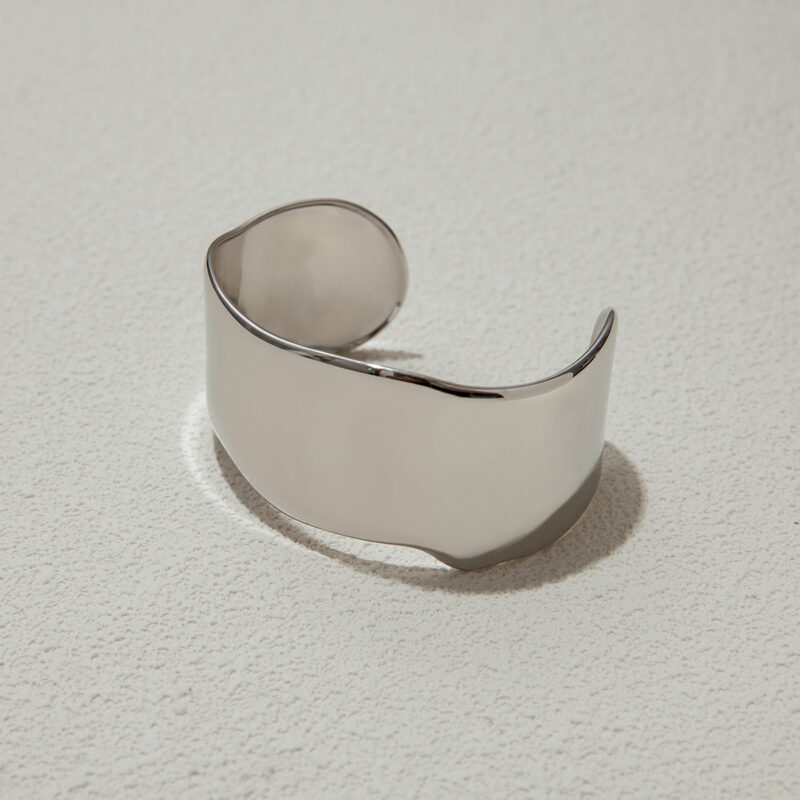 J&D High Polished Mirror Pure Smooth Surface Stainless Steel Wave Edge Cuff Silver Bangle - Image 2