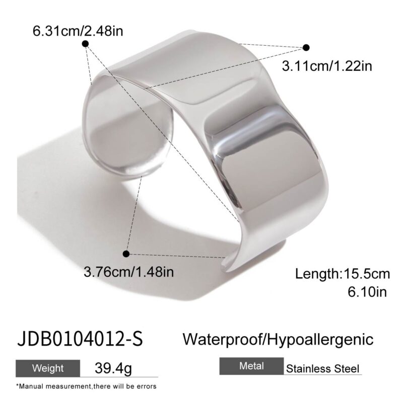 J&D High Polished Mirror Pure Smooth Surface Stainless Steel Wave Edge Cuff Silver Bangle - Image 6