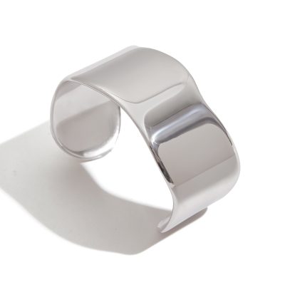 J&D High Polished Mirror Pure Smooth Surface Stainless Steel Wave Edge Cuff Silver Bangle