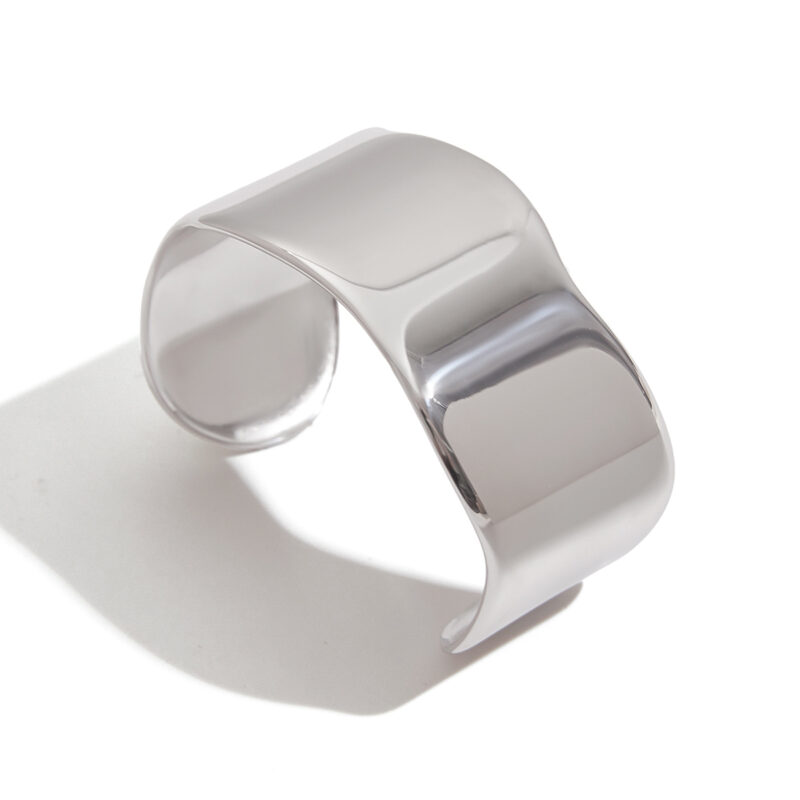 J&D High Polished Mirror Pure Smooth Surface Stainless Steel Wave Edge Cuff Silver Bangle