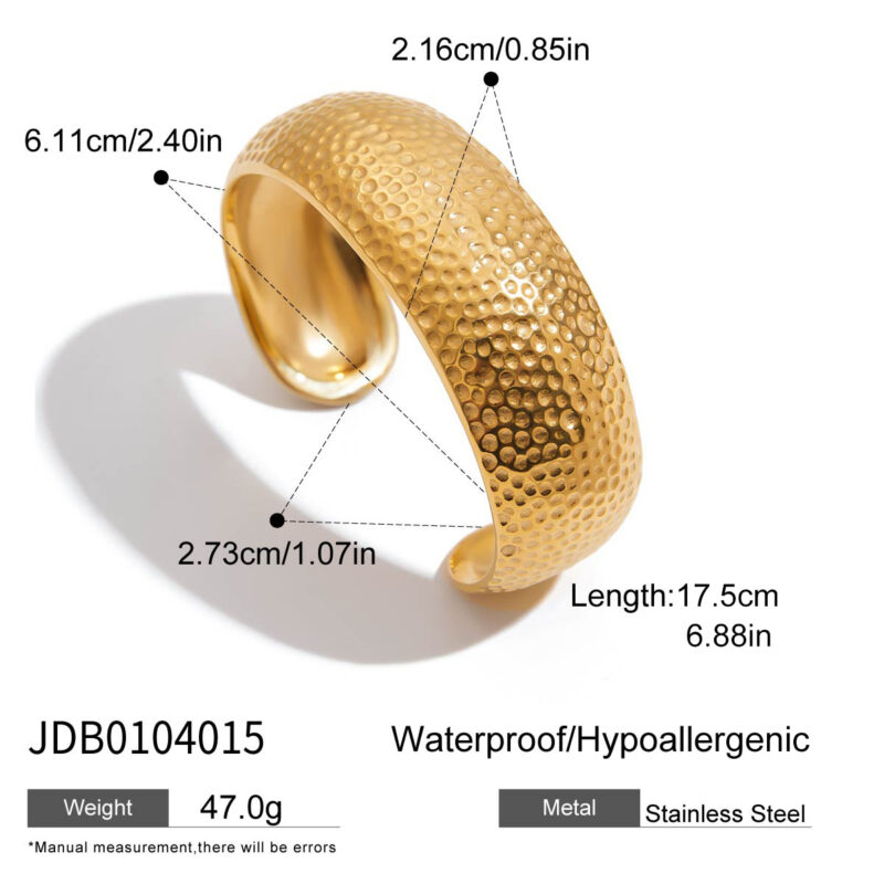 J&D 18K Gold Plate Stainless Steel Cuff High Polished Minimalist Chunky Hammered Open Bangle Bracelet - Image 6