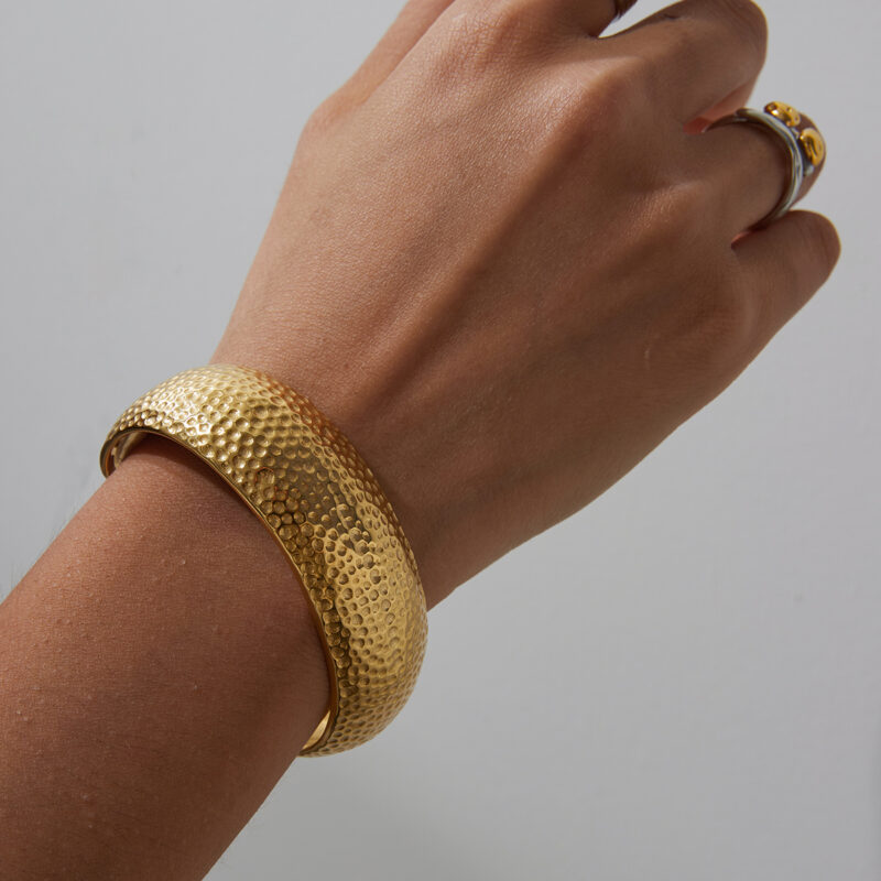 J&D 18K Gold Plate Stainless Steel Cuff High Polished Minimalist Chunky Hammered Open Bangle Bracelet - Image 3