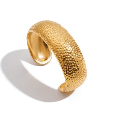 J&D 18K Gold Plate Stainless Steel Cuff High Polished Minimalist Chunky Hammered Open Bangle Bracelet