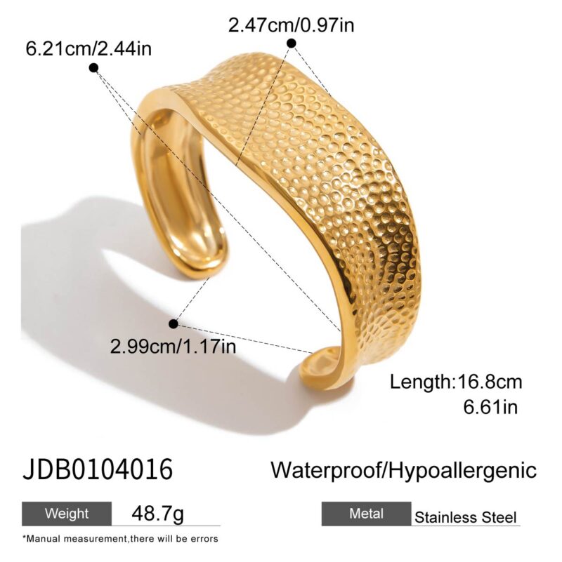 J&D 18K Gold Plate Stainless Steel Cuff High Polished Minimalist Chunky Hammered Open Bangle Bracelet - Image 5