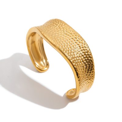 J&D 18K Gold Plate Stainless Steel Cuff High Polished Minimalist Chunky Hammered Open Bangle Bracelet
