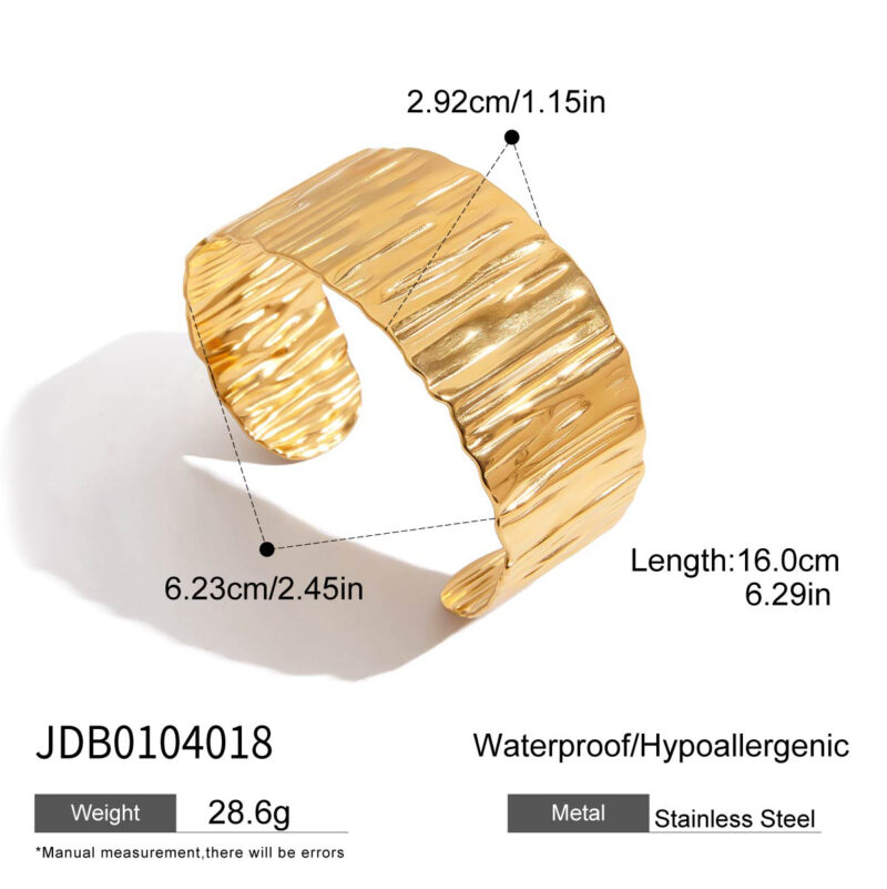 18K Gold Stainless Steel Cuff Bangle - Wide Irregular Textured Open Bracelet, Minimalist Jewelry for Women - Image 6