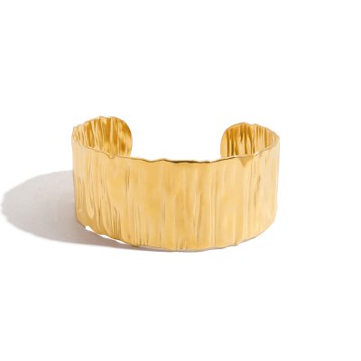 18K Gold Stainless Steel Cuff Bangle - Wide Irregular Textured Open Bracelet, Minimalist Jewelry for Women