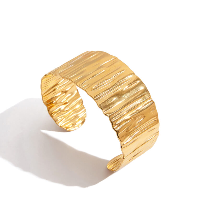 18K Gold Stainless Steel Cuff Bangle - Wide Irregular Textured Open Bracelet, Minimalist Jewelry for Women - Image 2