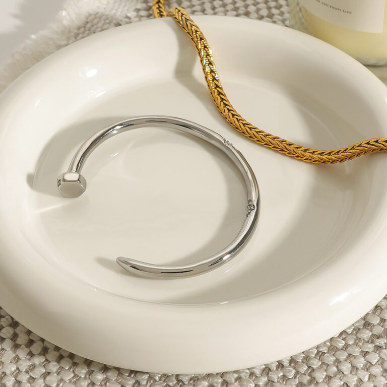 Unisex Minimalist Steel Color Stainless Steel Diamond Nail Bangle - Image 2