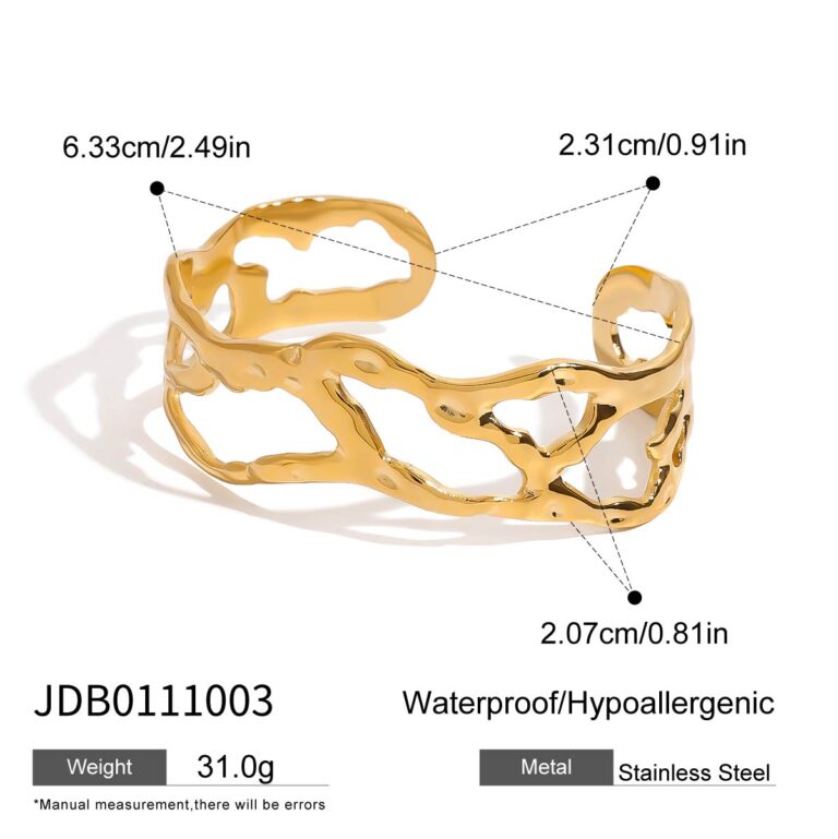 Unique Design Women's 18K Gold Stainless Steel Hammered Wave Open Bangle - Image 4
