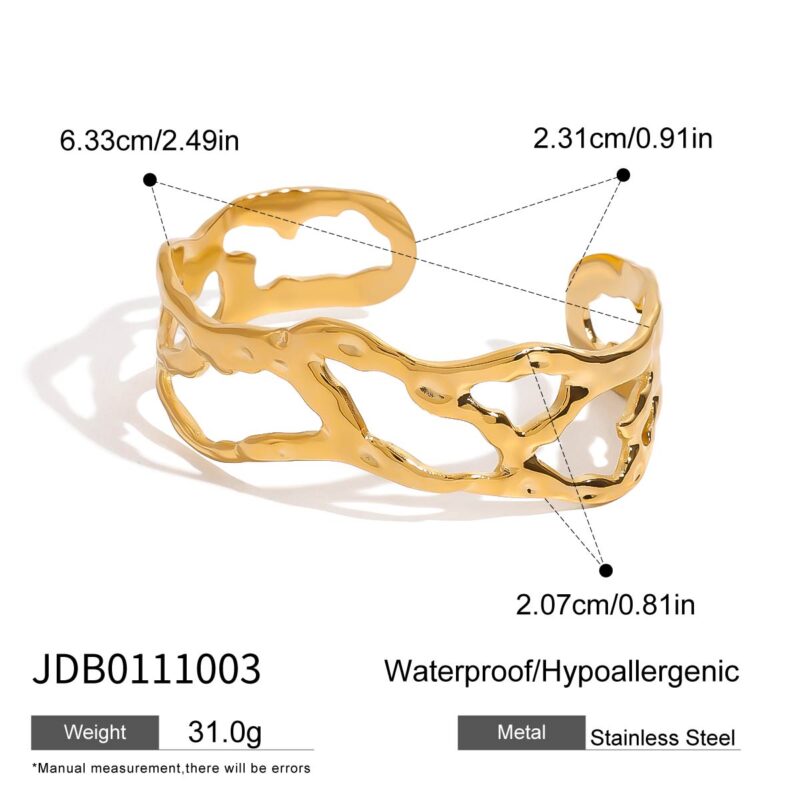 Unique Design Women's 18K Gold Stainless Steel Hammered Wave Open Bangle - Image 4
