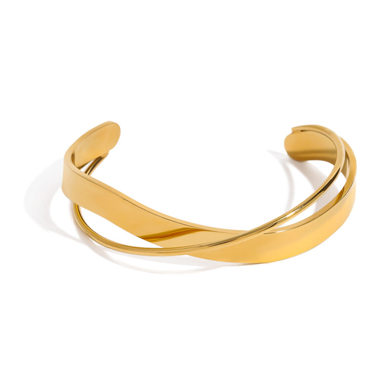 J&D Elegant Bold Design Fashion Statement Jewelry 18K Gold Plated Stainless Steel Cuff Bangle