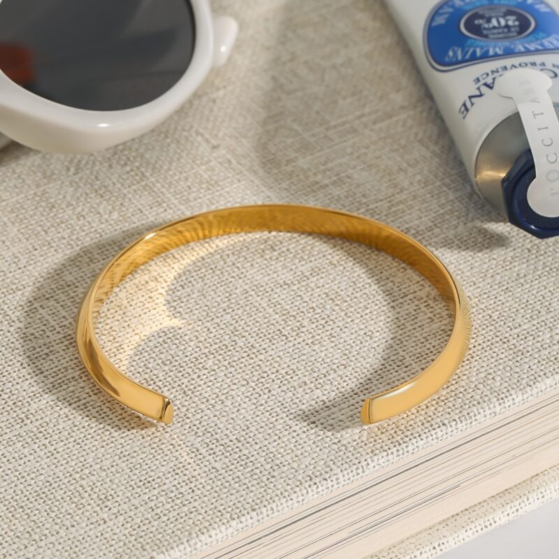 18K Gold Stainless Steel Minimalist Cuff Bangle - High Polish Open Bracelet for Women, Modern Simple Jewelry - Image 2