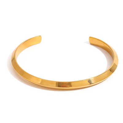 18K Gold Stainless Steel Minimalist Cuff Bangle - High Polish Open Bracelet for Women, Modern Simple Jewelry