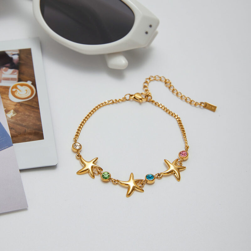 18K Gold Stainless Steel Starfish Bracelet - Colorful Zircon Sea Star Chain, 17+5cm Beach Jewelry for Women - Image 3