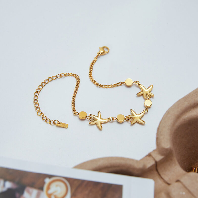 18K Gold Stainless Steel Starfish Bracelet - Colorful Zircon Sea Star Chain, 17+5cm Beach Jewelry for Women - Image 2
