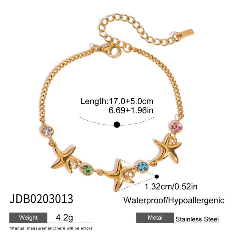 18K Gold Stainless Steel Starfish Bracelet - Colorful Zircon Sea Star Chain, 17+5cm Beach Jewelry for Women - Image 6