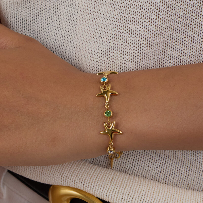 18K Gold Stainless Steel Starfish Bracelet - Colorful Zircon Sea Star Chain, 17+5cm Beach Jewelry for Women - Image 5